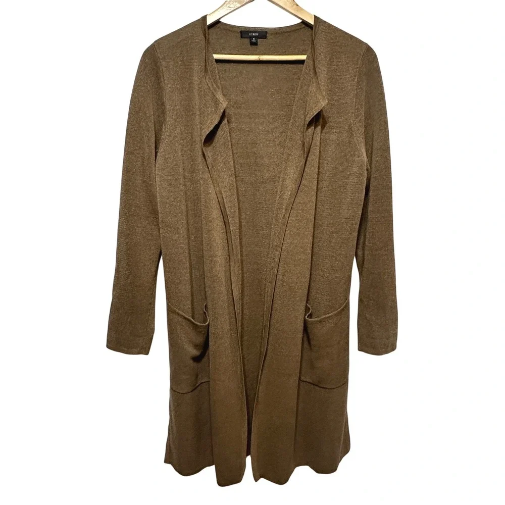 J.‎ Crew Linen Blend Open Front Long Cardigan Sweater Womens Small Camel Layer